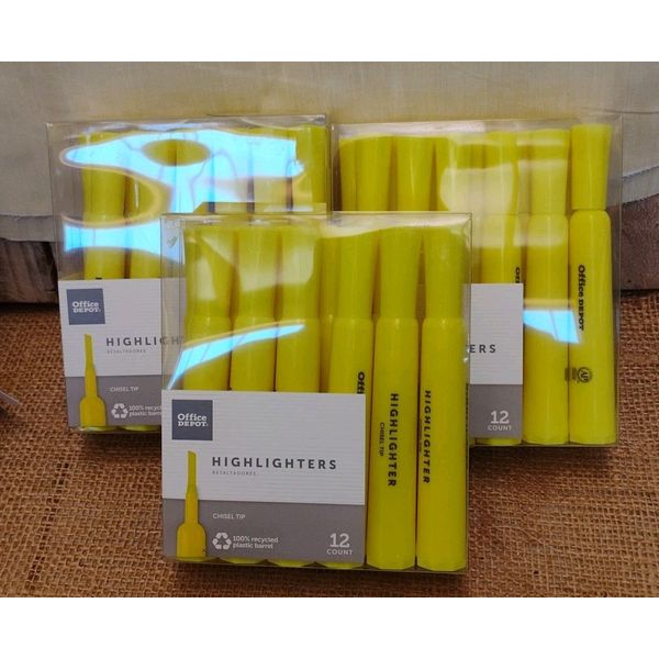 Pack of 3 Office Depot Pen Style Yellow Highlighters Chisel Tip 12 Count