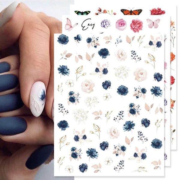 Flower Nail Stickers Daisy Floral Nail Decals 6 Sheets Colorful Cherry Blossom Nail Art Stickers 3D Self-Adhesive Nail Art Supplies Summer Flowers Butterflies Leaves Nail Stickers for Acrylic Nails