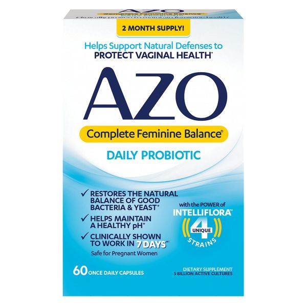 AZO Complete Feminine Balance Daily Probiotics for Women, Clinically Proven to Help Protect Vaginal Health, balance pH and yeast, Non-GMO, 60 Count