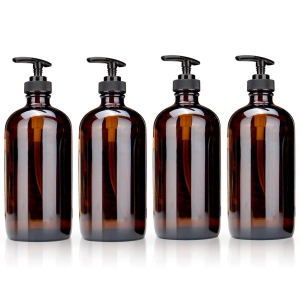 volila Pump Bottle Dispenser 500ML - 4 Pack Classy Shampoo Bottles with Pump - Amber Soap Dispenser for Conditioner, Shampoo or Hand Soap - Pump Bottle for Bathroom, Kitchen and Outdoor Use