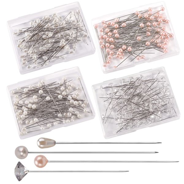 AIEX 320Pcs 4 Styles Pearl Head Pins Crystal Head Corsage Pins Straight Head Pins for Banquet Wedding Party Anniversary Decorations