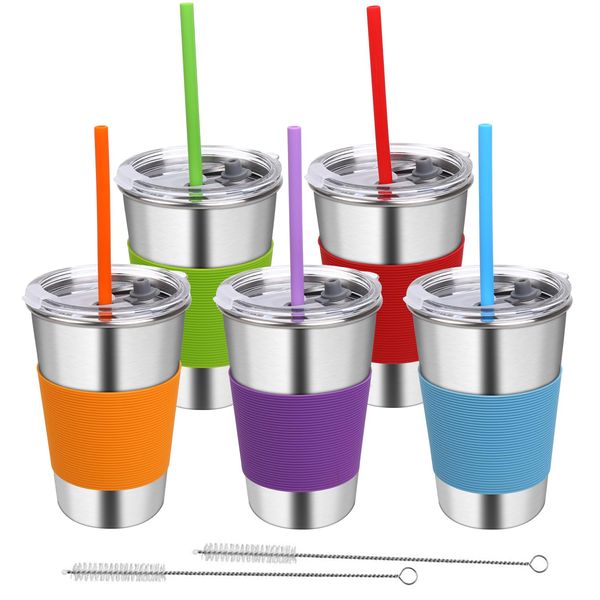 Rommeka Stainless Steel Cups, 5 Pack 16oz Kids Drinking Glasses Spill Proof Metal Tumblers Cups with Lids and Straws for Toddlers and Adults