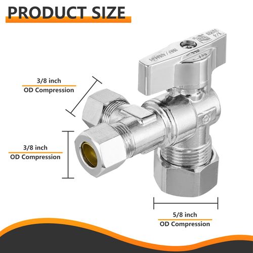 5-Pc HeSun Quarter-Turn Compression Angle Valve, 1/2" Nominal (5/8"OD) x 3/8" OD x 3/8" OD, Dual Compression Outlet Shut Off Valve, Chrome Plated Brass(VALVE206-5)