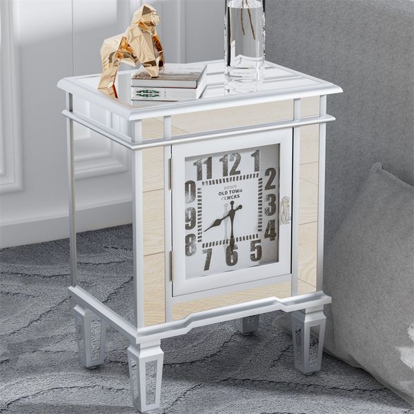 Luxury Clock Mirrored End Side Table Accent Bedside Table with Storage Cabinet