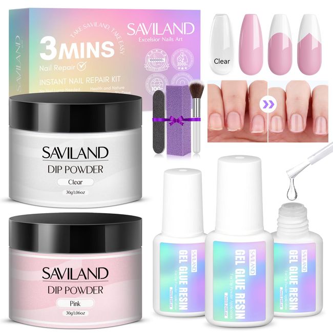 Saviland Nail Repair Kit for Broken Natural Nails: Dip Powder Nail Kit for Nail Repair【3 Mins Repair & Air Dry】2*30G Pink Clear Dipping Powder Nail Glue Nail File Nail Dust Brush Nail Repair Treatment