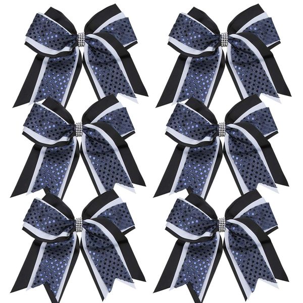 Cheerleader Bows 8 Inch 3 Layers 6 Pcs Ponytail Holder Jumbo Cheerleading Bows Hair Elastic Hair Tie for High School College (Black/White/Navy Blue)