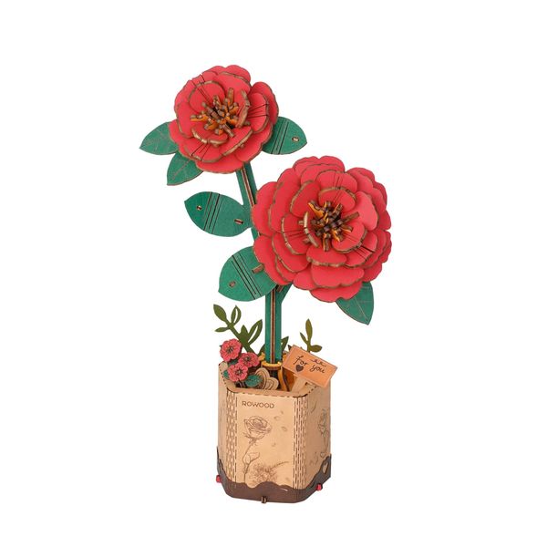 rowood 3D Puzzle Artifical Flower,DIY Wooden Flower Craft Kit for Kids,Mother's Day/Valentine's Day/Teacher's Day/Thanksgiving Day/Christmas/Birthday Gift for Mom/Women/Grandma/Wife/Her-Red Camellia