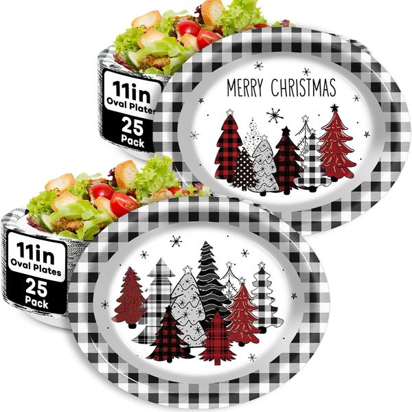 50 PCS Buffalo Plaid Christmas Tree Party Oval Paper Plates Xmas Tree Buffalo Plaid Disposable Platters 11 Inch Merry Christmas Plates Dinnerware Serving Tray for Holiday Dinner Party Supplies