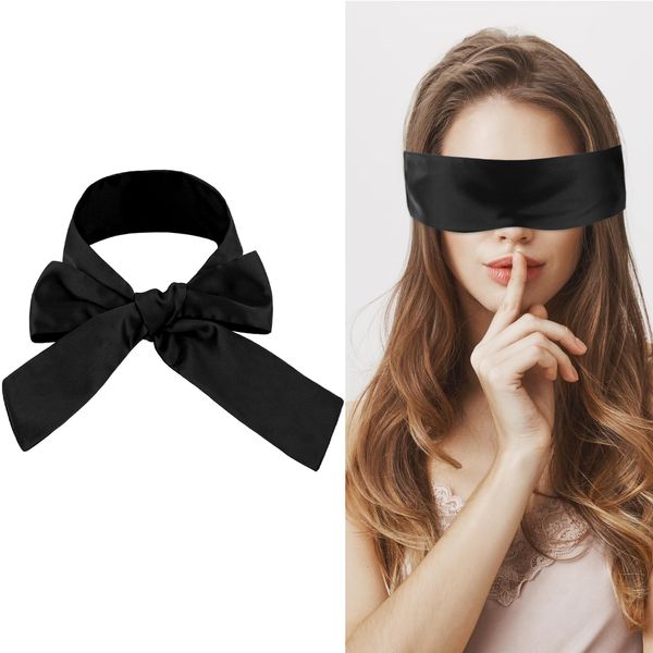 COMNICO Satin Sleep Eye Mask, 150cm/59inch Adjustable Comfortable Soft Eye Shield Cover, Night Blackout Sleep Cooling Blindfold for Adult Travel Nap Meditation (Black)