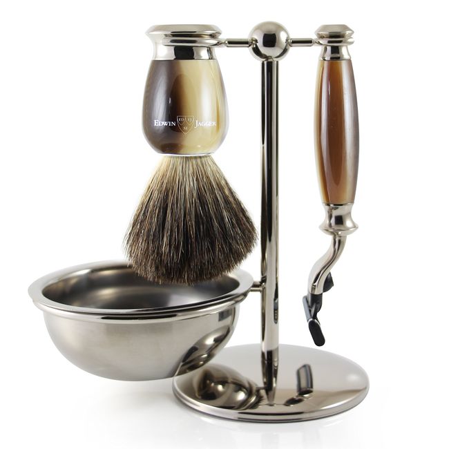 Edwin Jagger 4pc Imitation Horn Shaving Set for Mach3 Blades, Light Horn