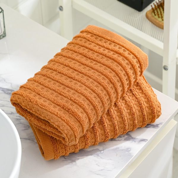 sense gnosis Waffle Hand Towel with Terry Striped Pattern Soft 100% Cotton Ultra Absorbent for Bathroom 13 x 29 Inch (Coral Orange, 2 Pieces)