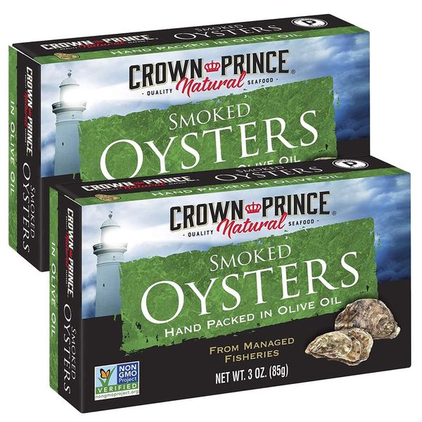 Crown Prince Smoked Oysters Hand Packed in Olive Oil Smoked Oyster Canned Oyster Hand Pack in Olive Oil 3.0 oz (85 g), Set of 2