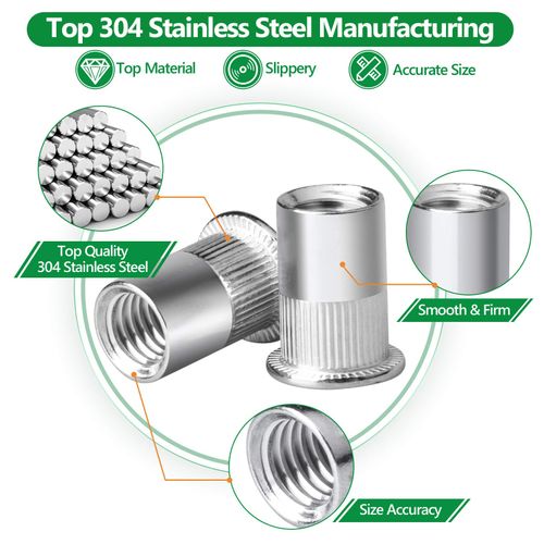 Rivet Nut, 215PCS 6 Sizes - M3 M4 M5 M6 M8 M10 304 Stainless Steel Rivnut Kit, Flat Head Threaded Insert Nutserts Assortment Set for Automotive Furniture