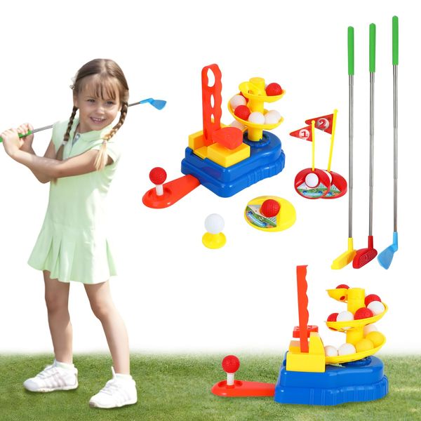 PrecisionMaster Portable Kids Golf Toy Set Indoor/Outdoor Fun for Ages 3-8, Golf Clubs Set with Step-on Ball Dispenser, 3 Players Golf Game Toys Litter Golfers Gifts & Fun Family Activity