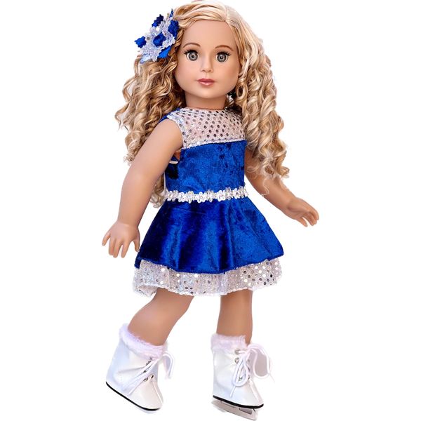 Ice Dancer - 3 Piece 18 inch Doll Ice Skating Outfit - Blue Leotard with Double Blue & Silver Ruffle Skirt, Decorative Head Flower and Ice Skates - Clothes Fits 18 inch Doll (Doll Not Included)