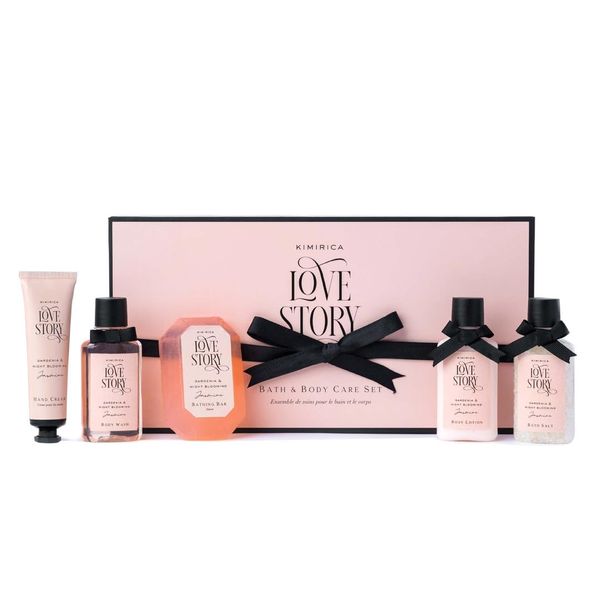 Kimirica Love Story Luxury Bath & Body Care Gift Set | with Notes of Gardenia & Night Blooming Jasmine | Includes Bath Salt, Body Wash, Body Lotion, Bathing Bar & Hand Cream | 5 Piece Set