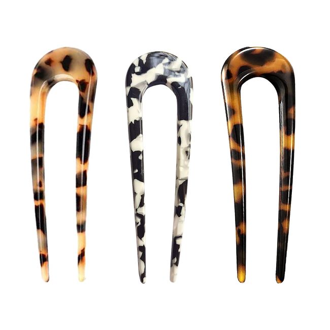 3 Pcs U Shaped Hairpin Fork, 2 Prong Updo Chignon Pins, Tortoise Shell Hair Pins, French U Shaped Hair Pins 2 Prong Tortoise Cellulose Acetate for Women To Fixing And Decorating Hair Forks