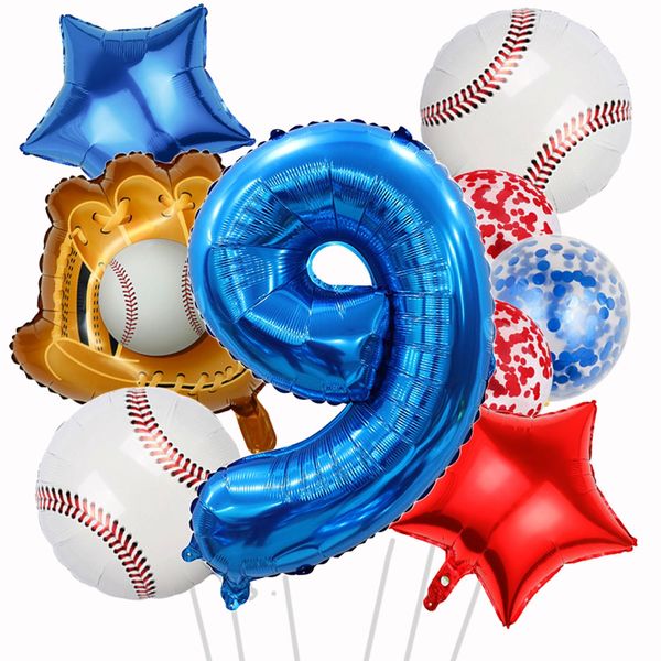 HADCKJA Baseball Balloon Baseball Birthday Party Supplies with 9th Balloon Baseball Glove Balloon Red Blue Star Red Blue Confetti Balloon for Baseball Party Decorations Birthday Party Decorations 9Pcs