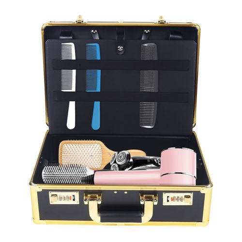 RocoReny Barber Case Clipper Bag,Professional Portable Barber Travel Carrying Case with Portable Handle＆Secure Numlock for Hair Stylist Pet Groomer Beauty Salon Makeup Artist (Gold 15.74*10.8*6.5in)