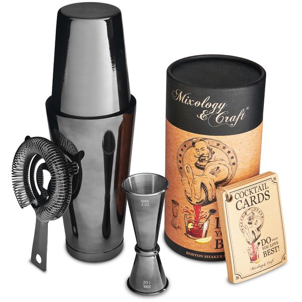 Mixology Cocktail Shaker Boston Shaker Set Professional Weighted Martini Shakers, Strainer and Japanese Jigger, Portable Bar Set for Drink Mixer Bartending, Exclusive Recipes Cards (Gun-Metal Black)