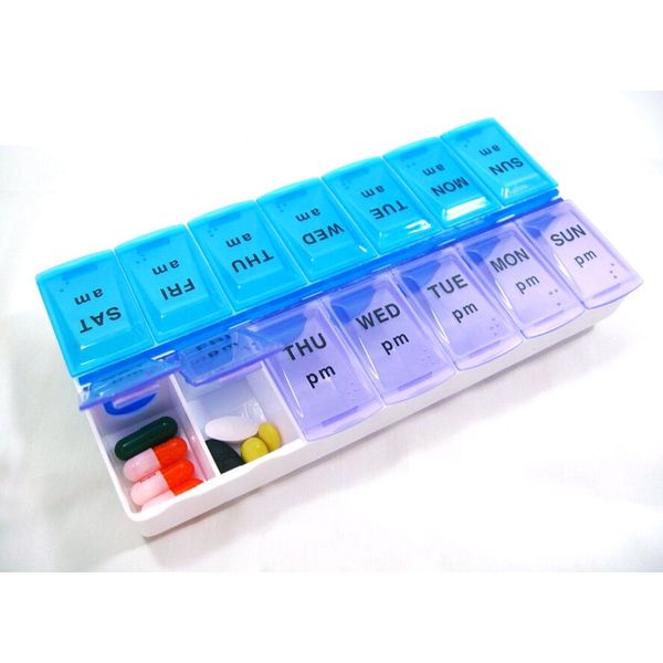7 Day Pill Box Pill Organizer 14 Compartment Weekly Pill Box (2 Pack)