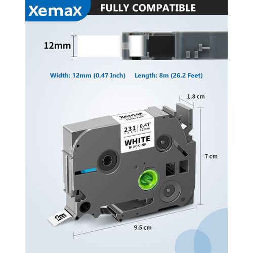 XemaX 10-Pack Tze 231 12mm 0.47" Laminated White Label Tape Compatible for Brother 12mm 0.47" Black on White P Touch Label Tape Tz 1/2" for PT-H103W PTD220 PTD210 PTD600 PT-2430 PT-D200 PT-1290