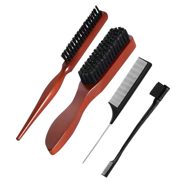 2 Pcs Boar Bristle Hair Brush Soft Natural Bristle Brush Hair Boar Bristle Brush Wooden for Detangling and Styling Slick Back Hair Brush with Plastic Comb and Eyebrow Brush, Improve Hair Texture