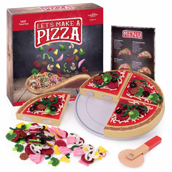 Let's Make a Pizza - Pretend Food Playset with 4 Wooden Pie Slices, 140 Felt Toppings, Wood Roller, and 3-in-1 Cardboard Box Prep Station, Oven, & Serving Table - Cute Cooking Toys for Boys & Girls