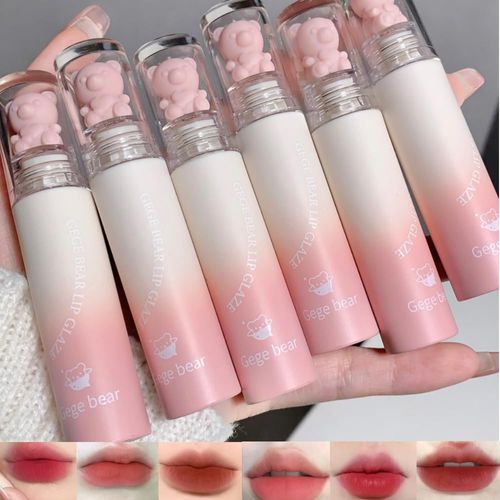 6 Colors Bear Velvet Matte Lipstick Set, Cute Pink Bear Lip Gloss Waterproof Long Lasting Lip Glaze Moisture Non-Stick Cup Lip Stain for Girls Women Beauty Makeup for Lips and Cheeks