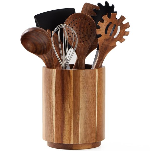 LOHONER Acacia Wood Utensil Holder for Kitchen Counter, 360° Rotating 7.2" Large Cooking Utensil Holder, Kitchen Utensil Storage Organizer for Countertops, Farmhouse Kitchen Decor