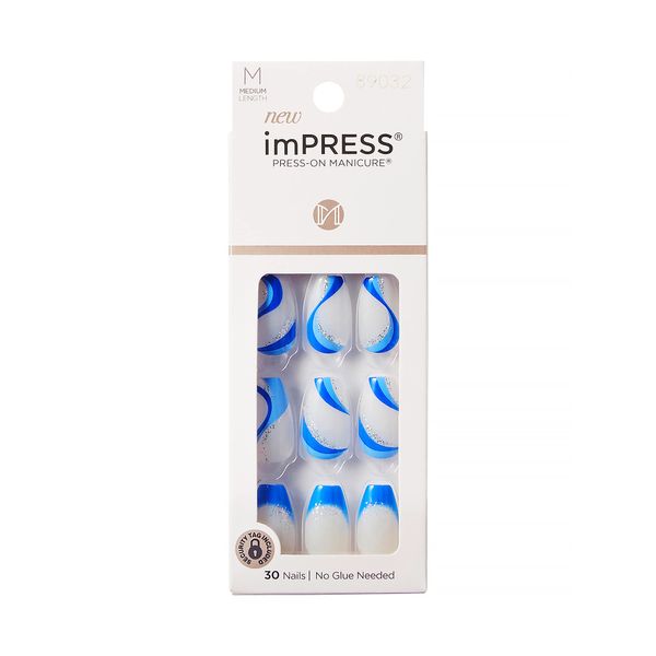 KISS imPRESS No Glue Mani Press On Nails, Design, Mesmerize', Blue, Medium Size, Coffin Shape, Includes 30 Nails, Prep Pad, Instructions Sheet, 1 Manicure Stick, 1 Mini File