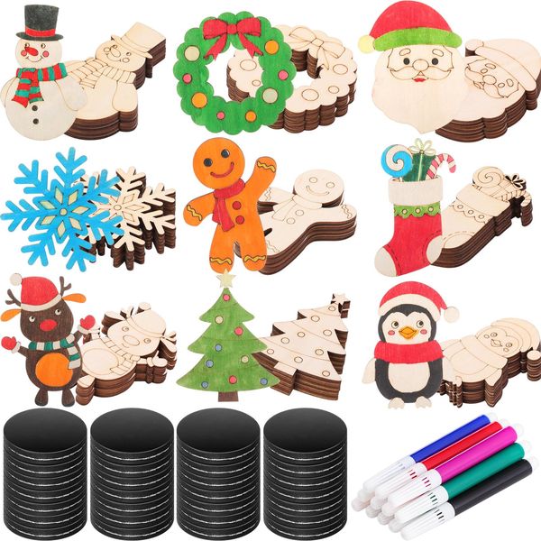 Blueweenly 84 Pcs DIY Wood Christmas Craft Magnets Set for Kids Christmas Day Craft Christmas Wooden Ornaments Unfinished Wood Slices in 9 Styles Wooden Ornaments to Paint Christmas Crafts for Kids