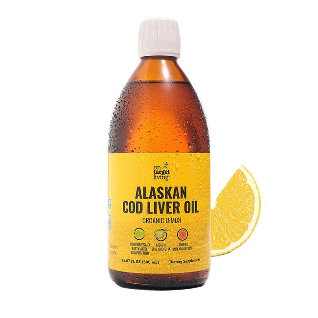 On Target Living Alaskan Cod Liver Oil Organic Lemon Flavor 16.67 oz | Line Caught in The USA | Naturally Occurring Vitamin D | Rich in Omega 3 DHA/EPA | Non-GMO Project Certified |