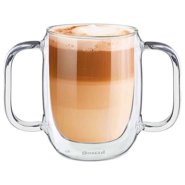 Boscul Two Handled Glass Mug Cup, Double Walled Coffee Glasses Lightweight Cup, 350ml Designed for Elderly, Disability, Arthritis, Weak Grip, Dementia, Tremors, Drinking Aid, Limited Mobility