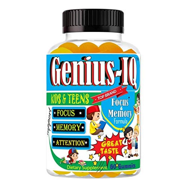 Genius-IQ Brain Focus Gummies for Kids Chewable Focus Vitamins and Attention Supplement for Kids, Children and Teens Great Taste Kids Gummies for Focus Calming Natural Omegas DHA School Study Task