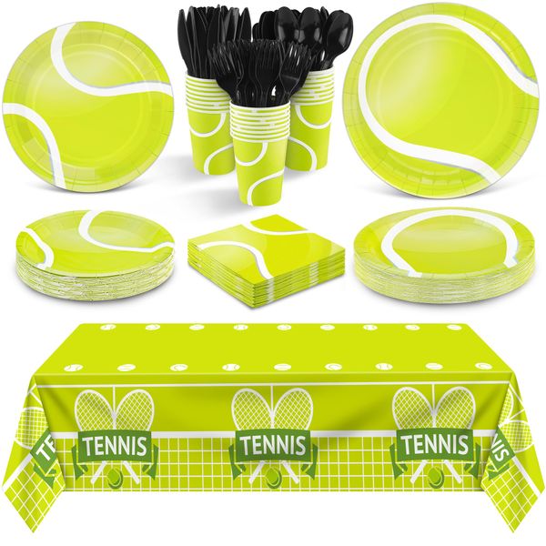 durony 169 Pieces Tennis Party Supplies Include 48 Tennis Dessert Plates 24 Tennis Paper Cups Plastic Tablecloth 24 Tennis Napkins 24 Knives 24 Forks 24 Spoons Tennis Disposable Tableware Set