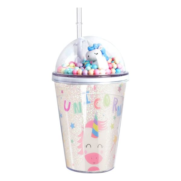 Forreen Water Bottle with Straw, Plastic Cups Reusable Glittery Double Wall Drinking Cup Unicorn BPA Free Travel Mug Cute Cold Cups for Girls Women,380ml