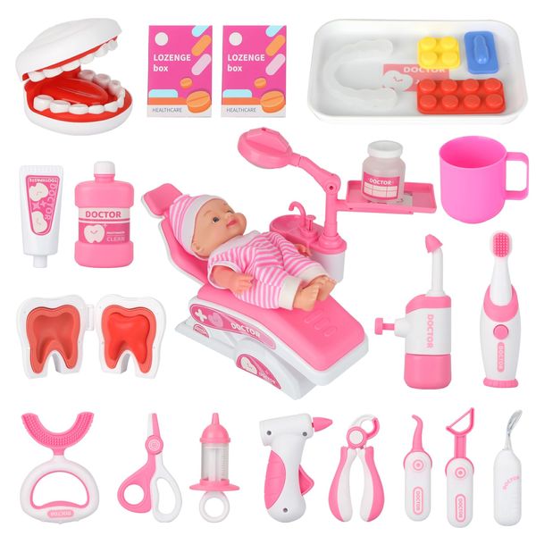 Doctor Kit for Toddlers 3-5, 28 Pcs Kids Dentist Play Set for Girls Boys Gift, Pretend Play Medical Kit with Chair, Dental Tools, Cute Doll, Kids Role Play Dentist Gift for Birthday Christmas (Pink)