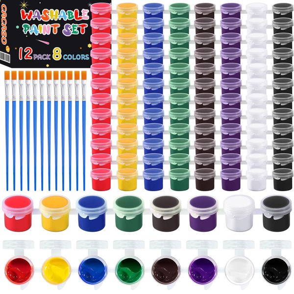 CACASO 108 Pcs Mini Acrylic Paint Set,Washable Paints for Kids,12 Acrylic Paint Strips in 8 Colors,Mini Paint Set with 12 Brushes,Kids Paint Bulk Set for Arts and Crafts,Party Favors,Painting Supplies