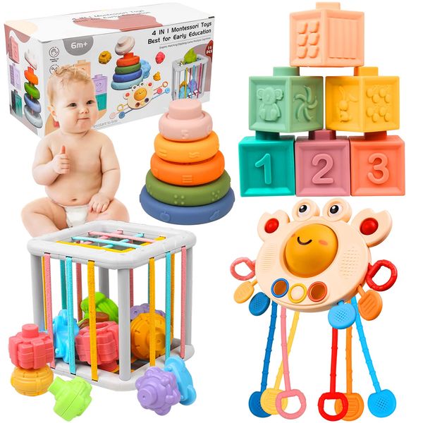 OUWANCH Montessori Toys for Babies 6-12 Months, 4 in 1 Montessori Baby Toys, Soft Baby Teething Toys, Stacking Building Blocks & Rings for Infants, Sensory Bin Toys