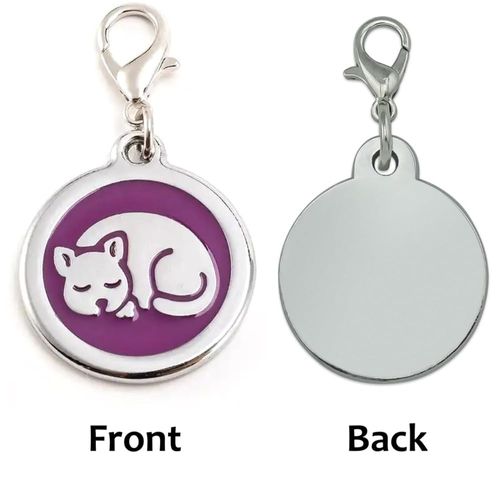 COOLLIANT Personalized Pet ID Tags for Kittens and Cats - cat tags for collars, pet tags for cats, pet tag personalized small, cat name tags personalized, cat ID tag (Purple, Sleeping Cat Round-Small)