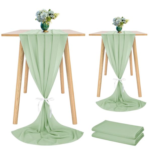 Showgeous 2 Pcs Chiffon Table Runner 28x120 Inches Romantic Wedding Runner 10ft Sage Green Chiffon Table Cover Dressing Table Runner for Wedding Birthday Party Bridal Baby Shower Decorations