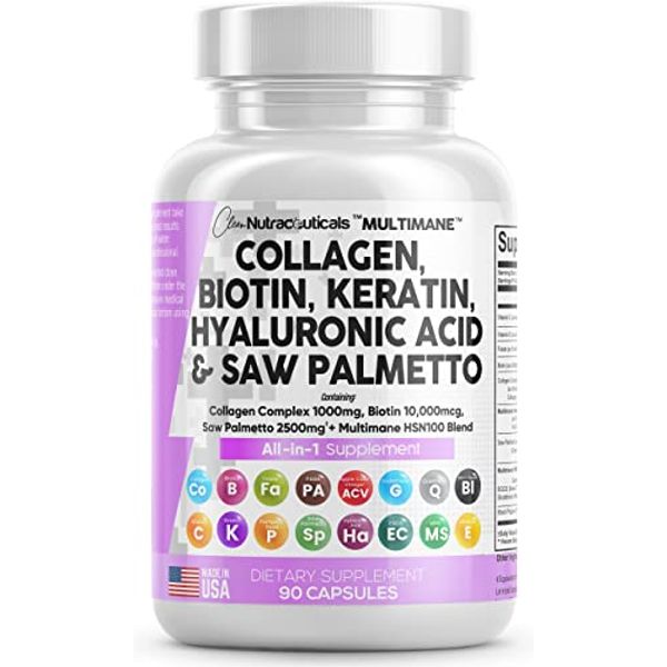 Collagen Pills 1000mg Biotin 10000mcg Keratin Saw Palmetto 2500mg Hyaluronic Acid - Hair Skin and Nails Vitamins and DHT Blocker with Vitamin E Folic Acid Pumpkin Seed MSM Made in USA - 90 Count