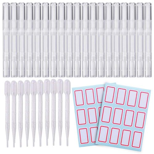 20 PCS Cuticle Oil Pens Transparent Twist Pens Cosmetic Container Empty Cuticle Nail Oil Pen With Brush Tip Lip Gloss Twist Pens Refillable Eyelash Growth Liquid Tube 10 Transfer Pipettes 2 Stickers