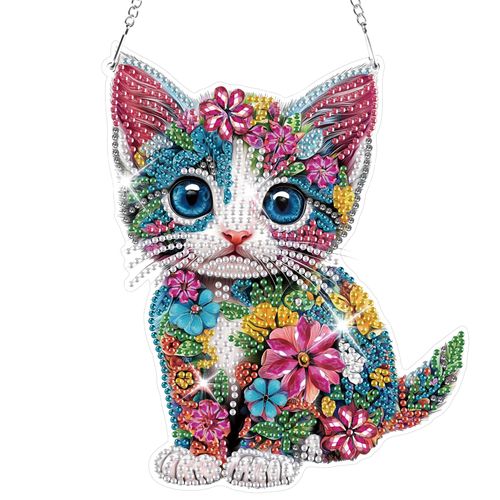 HEIBAGO DIY Hanging Diamond Art Kit Cat,Acrylic 5D Painting Window Pendants Flower,8.3 * 8.3 inch Double Sided Gem Art Ornament Kit,Diamond Art Ornament Kit for Home Wall Decor