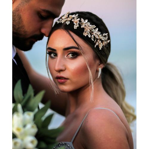 LEMOXIVI Gold Wedding Headband Flower-Leaf Bridal Headpieces for Wedding Pearl Bride Hair Accessories for Flower Girl Bridesmaid