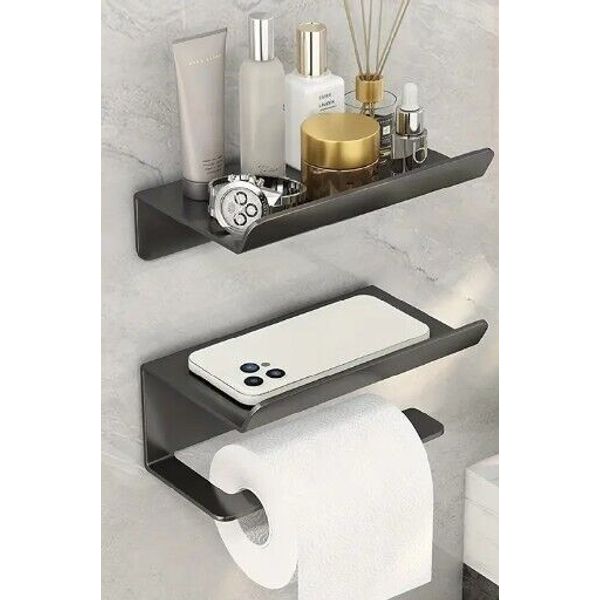 Toilet Paper Holder with Mobile Phone Storage Shelf Holders Wall Mounted Rack 2