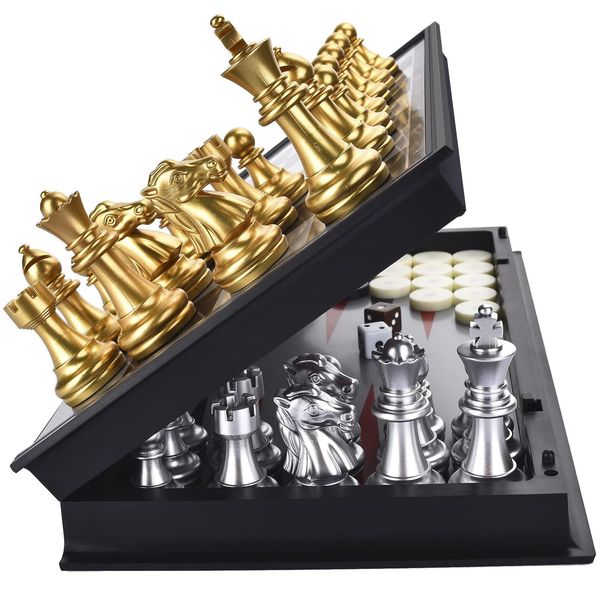 QuadPro 3 in 1 Magnetic Chess Checkers Backgammon Board Game Set with Folding Board Travel Games for Kids and Adults (Chess: Gold & Silver)