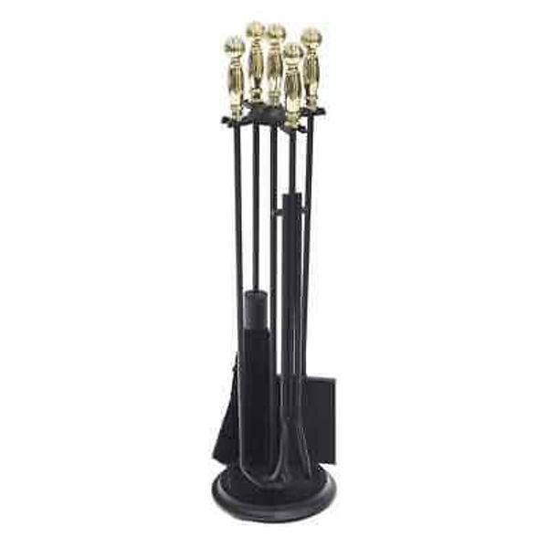 30.25"Tall 5-Piece Polished Brass and Black Chelmsford Fireplace Tool Set