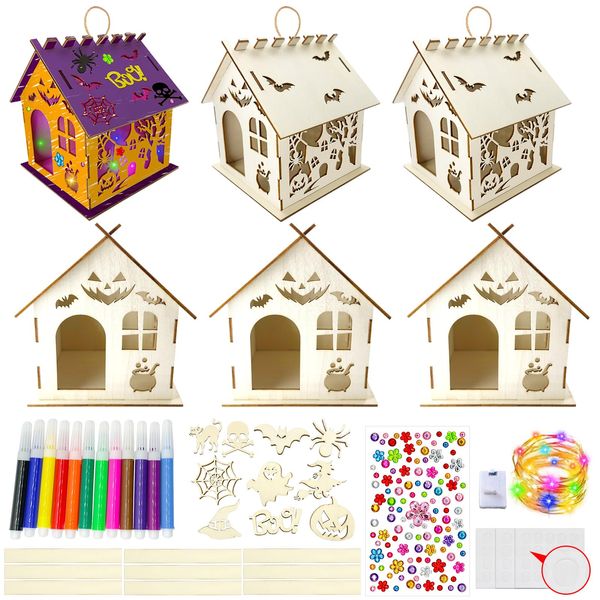 6 Set Halloween Craft Kit，DIY Wooden Halloween Castle House Craft Kit to Build and Paint,Wood Unfinished Haunted House Art Project Bulk Painting Kits for Fall Halloween Party Supplies Decoration